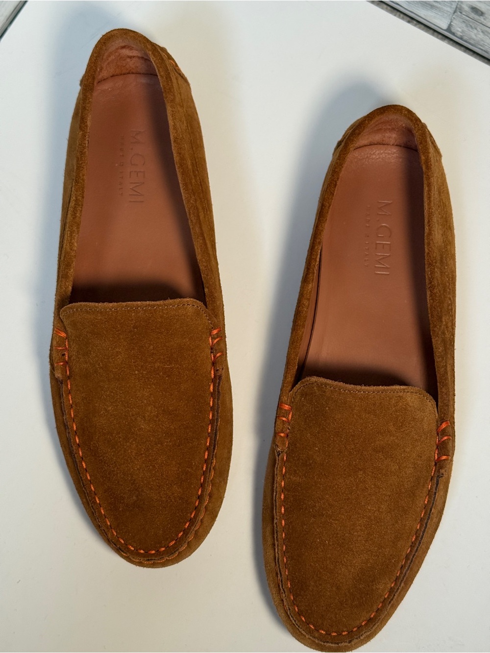 M. Gemi Suede Loafers in Chestnut Brown with Orange Stitching